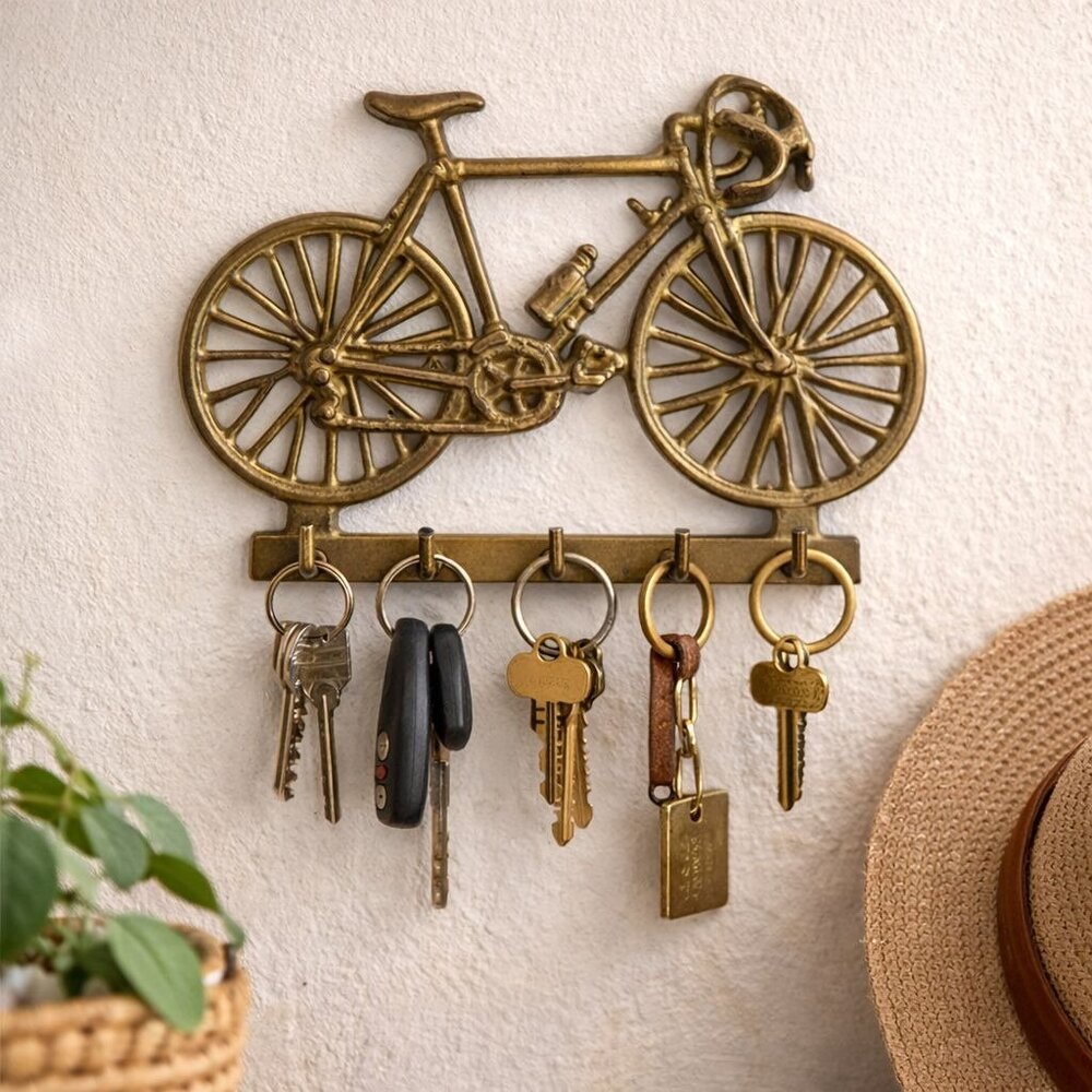 Vintage Brass Bicycle Wall-Mounted Key Holder With 5 Hooks